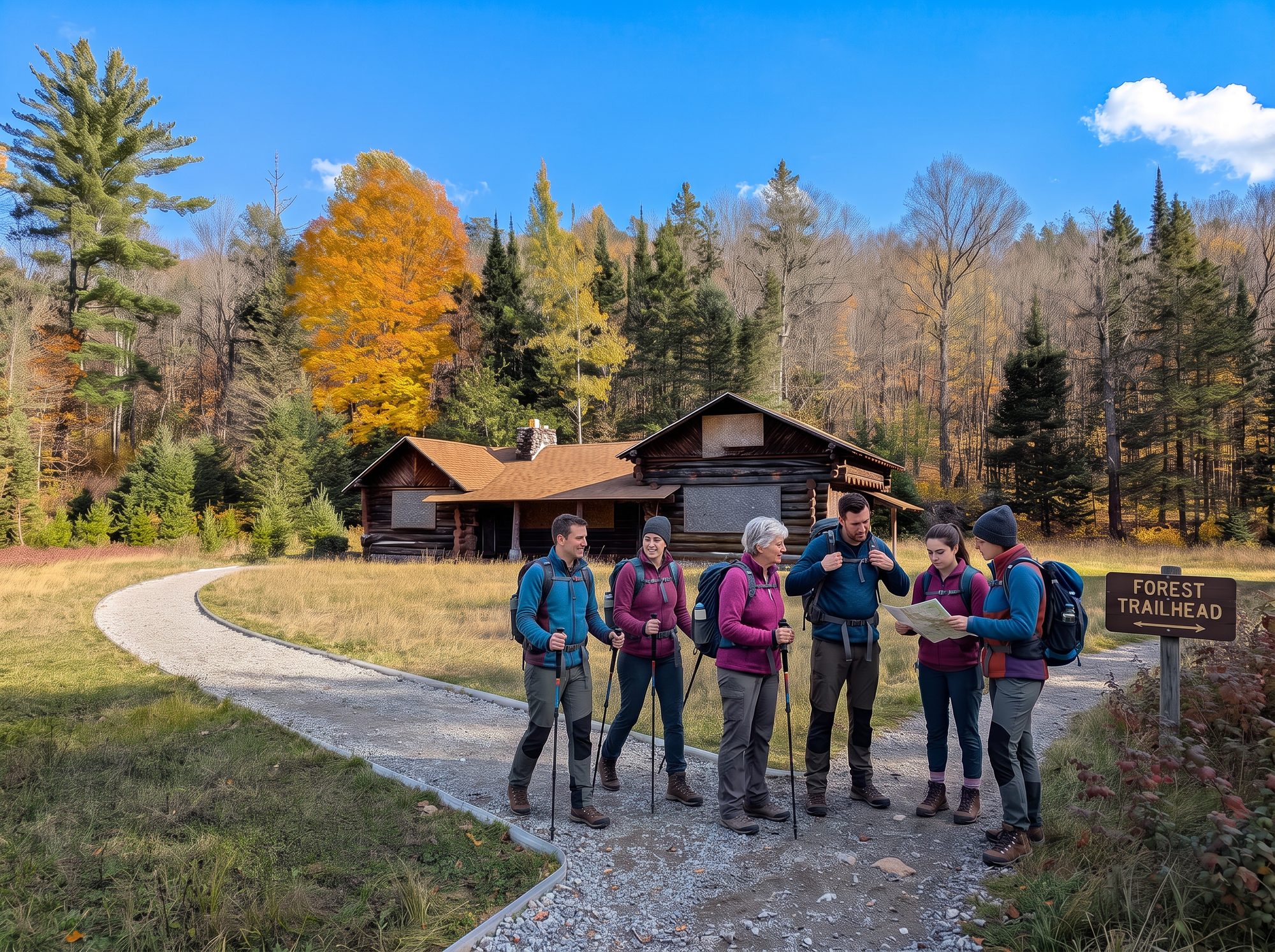 Concept illustration of hikers with trekking poles and a trail map on a gravel path in front of the cabin