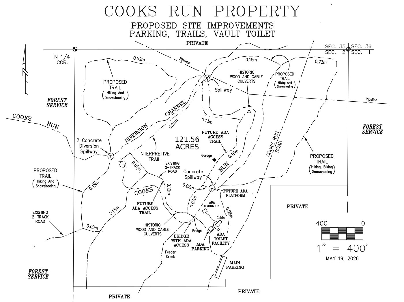 Line map of the Cooks Run property showing proposed parking, trails, accessible paths, a bridge, an overlook and a toilet facility